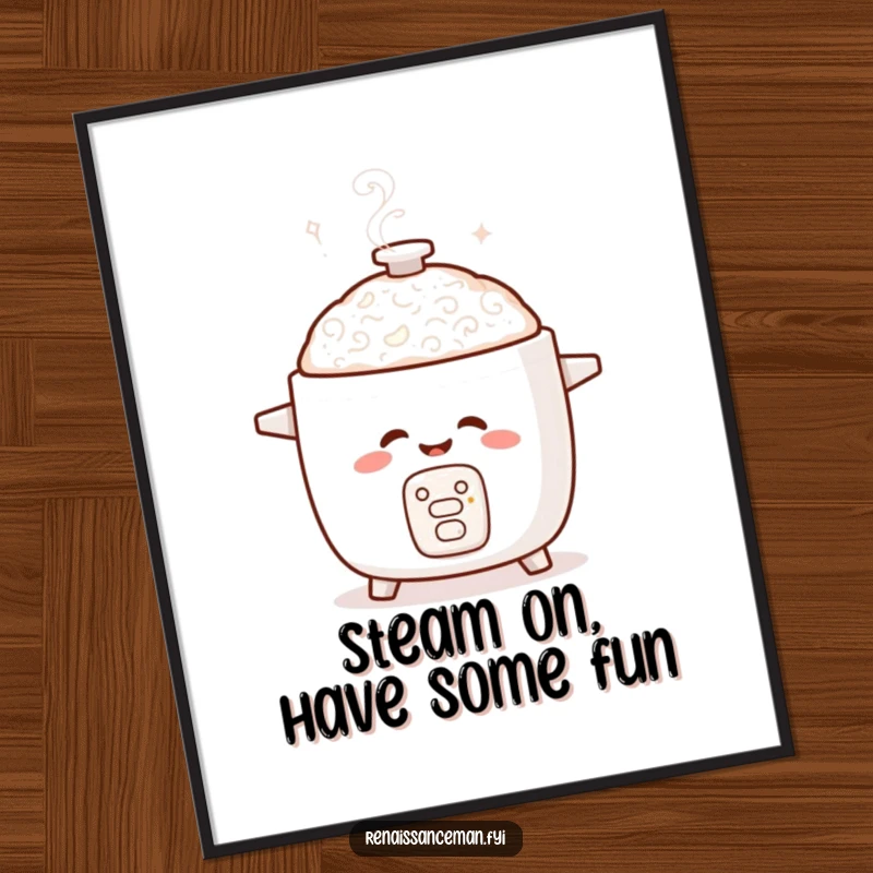 Funny Free Printable Wall Art: A giggling rice cooker playfully swirls steam, adding a humorous touch to decor.