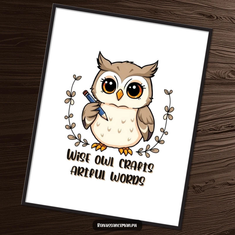 Funny Free Printable owl art of a curious owl holding a pen, drawing a decorative border, exuding wisdom and charm, cool download.