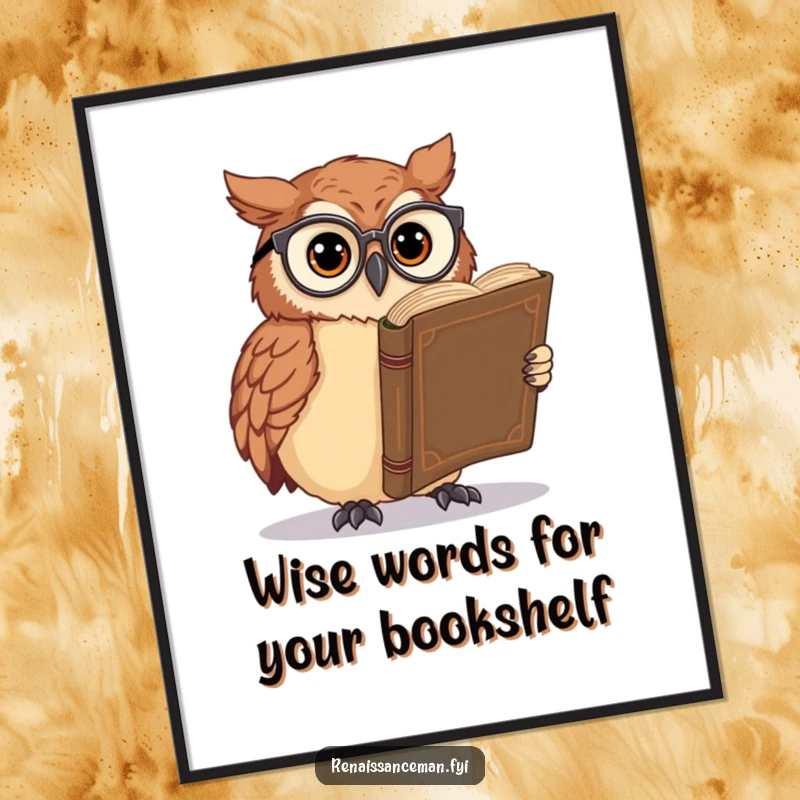 Funny free printable wall art of a curious owl wearing spectacles and reading a very large, ancient book, a humorous downloadable piece.