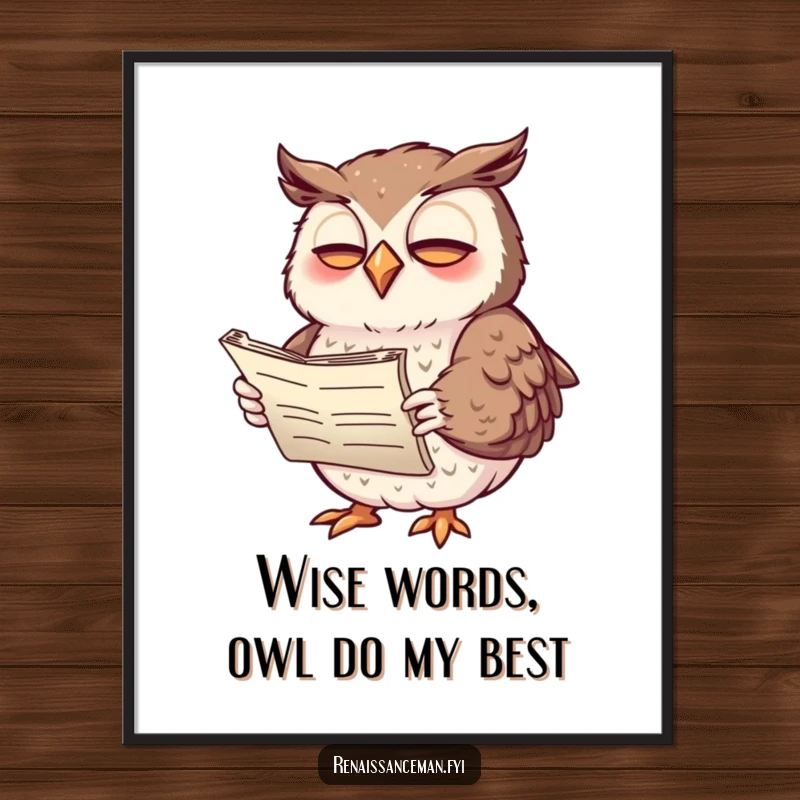 Funny Free Printable Wall Art: Giggling owl with expressive wings recites poetry from a scroll, a humorous decorative piece.