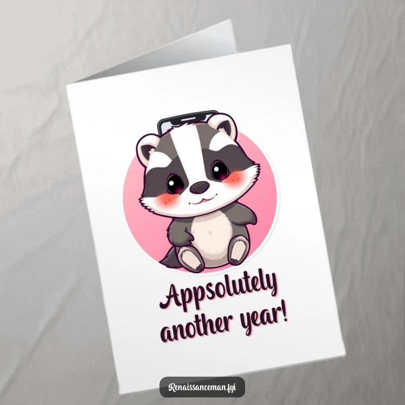 Funny Free Printable Birthday Card featuring a beaming badger with focused determination navigating through various apps on a screen, ready to celebrate.
