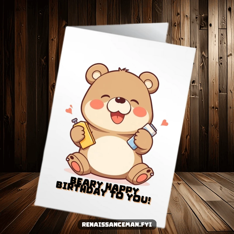 Funny Free Printable Birthday Card: Giggling bear enthusiastically demonstrating a product with wild, happy movements.