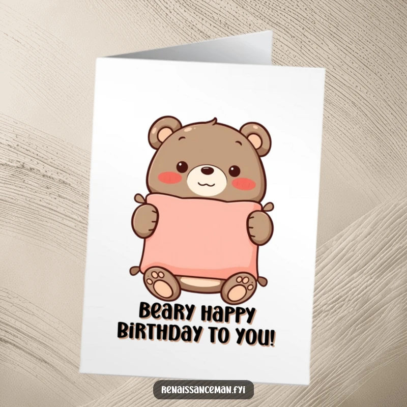 Funny free printable birthday card of a proud bear showing off a perfectly sewn cushion with a big, happy smile.