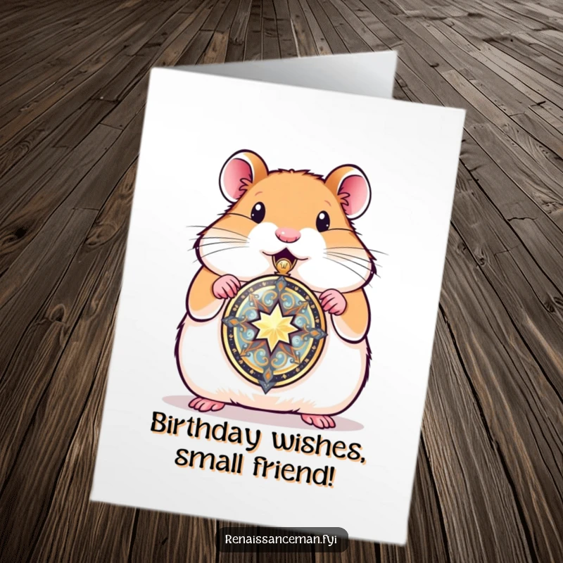 Funny Free Printable Birthday Card featuring a proud hamster presenting a shiny, beautifully crafted locket, symbolizing affection.