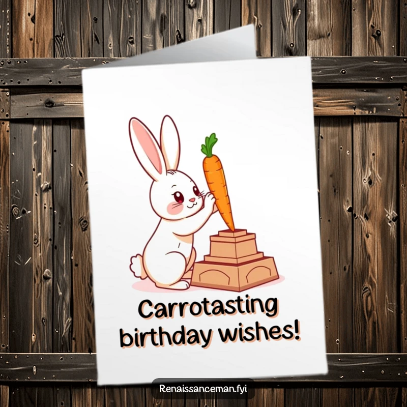 Funny Free Printable Birthday Card: Clever rabbit meticulously sculpting a majestic statue from a small carrot.