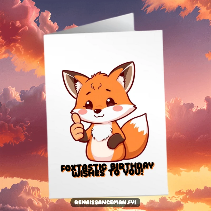 Funny Free Printable Birthday Card: Proud fox with screen giving a thumbs up, celebrating a digital win.