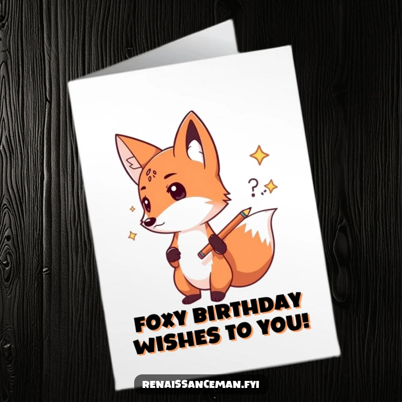 Funny Free Printable Birthday Card: Determined fox sketching a new idea with confidence, a birthday wish full of creativity.