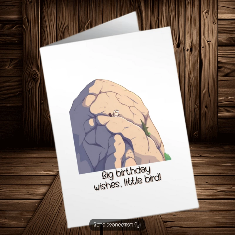 Funny Free Printable Birthday Card: Cute yellow bird curiously peeking over a massive boulder, ready for birthday fun.