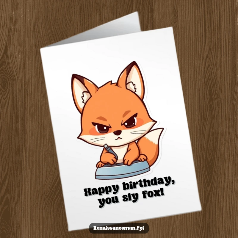Funny free printable birthday card showing a determined fox with a focused expression ironing a seam perfectly smooth.