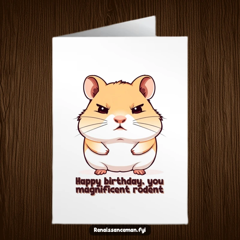 Funny Free Printable Birthday Card: A proud hamster stares blankly ahead with a hint of disdain, offering a comically unimpressed birthday wish.