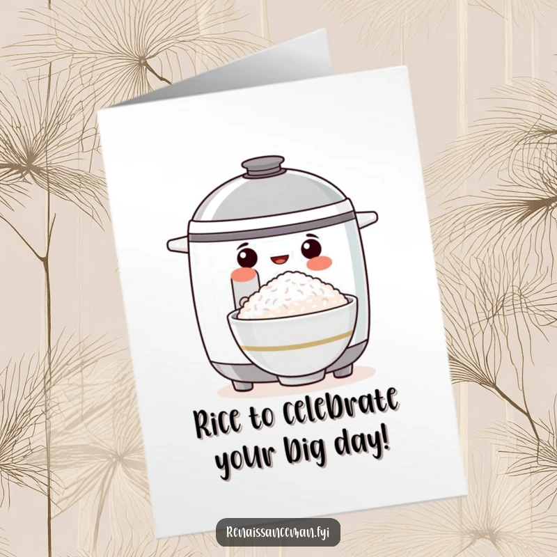 Funny Free Printable Birthday Card: Proud rice cooker holding a bowl of perfect rice, ready to celebrate.