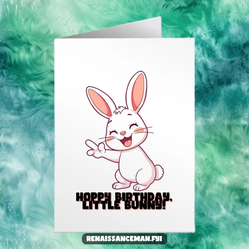 Funny Free Printable Birthday Card: Cheerful rabbit enthusiastically swiping left with a playful grin. Hilarious downloadable gift.