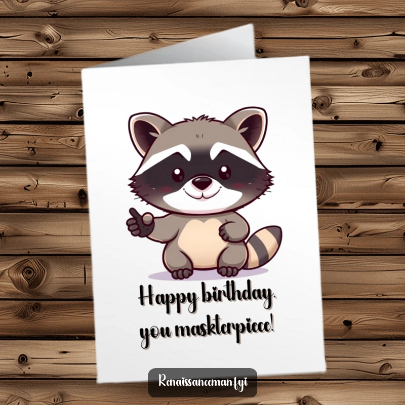 Funny Free Printable Birthday Card: Determined raccoon with tiny grin taking a selfie, capturing birthday joy.
