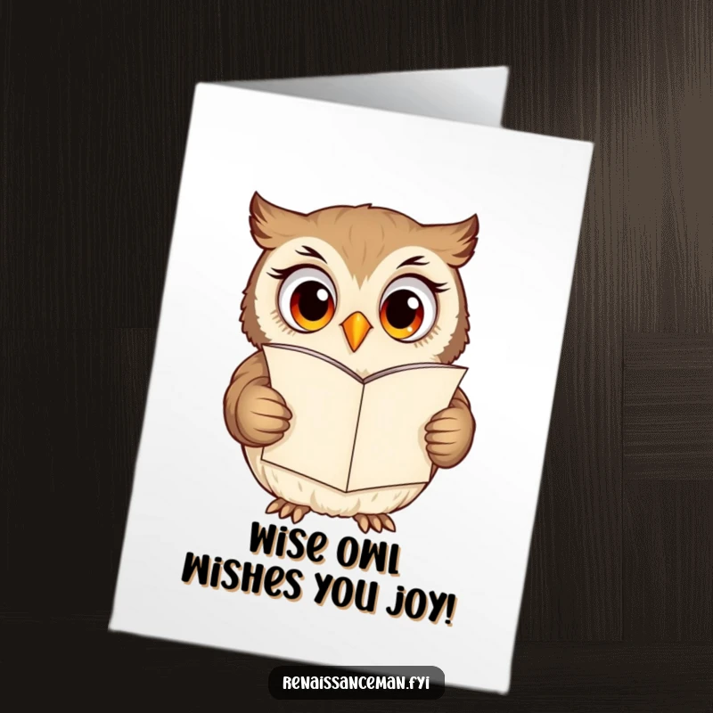 Funny Free Printable Birthday Card featuring a curious owl with wide eyes reading an excited love letter, perfect for a unique greeting.