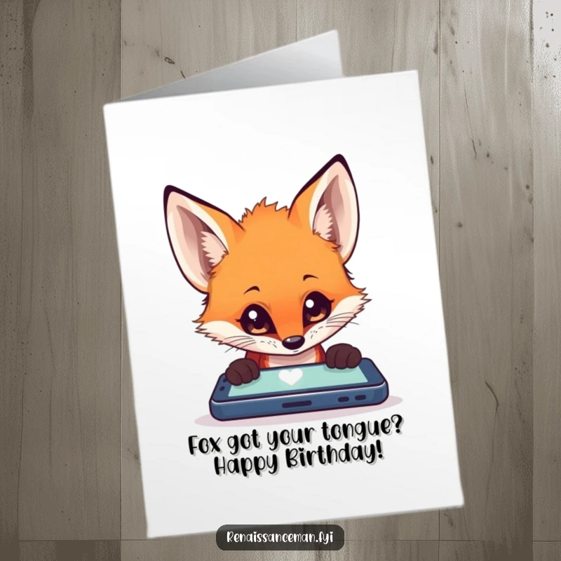 Funny free printable birthday card, curious fox staring wide-eyed at a smartphone, hilarious tech-themed downloadable.