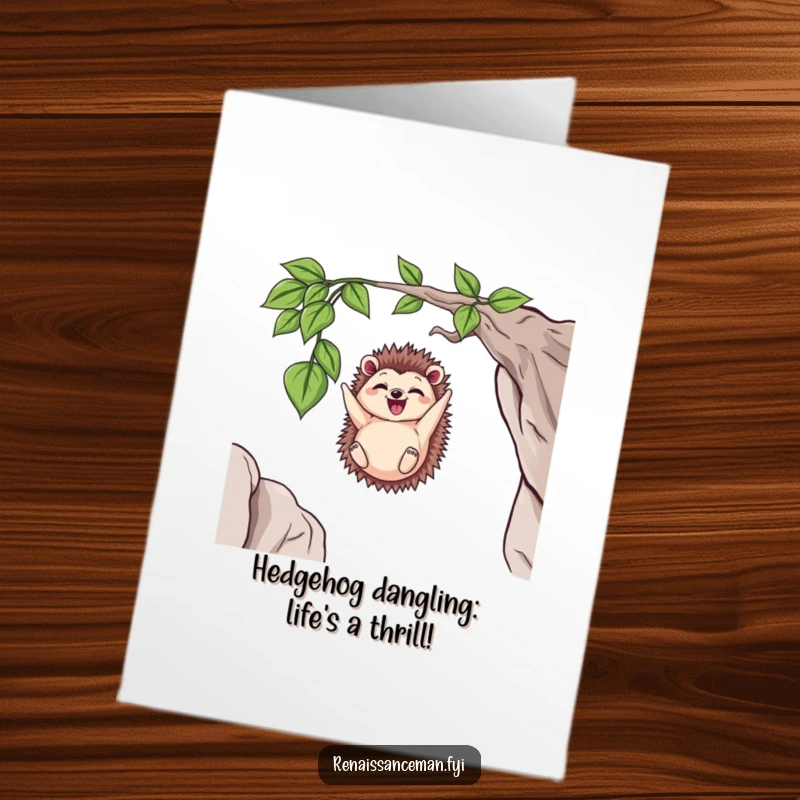 Funny Free Printable Birthday Card: Delighted hedgehog comically dangling from a vine high above a cliff edge.