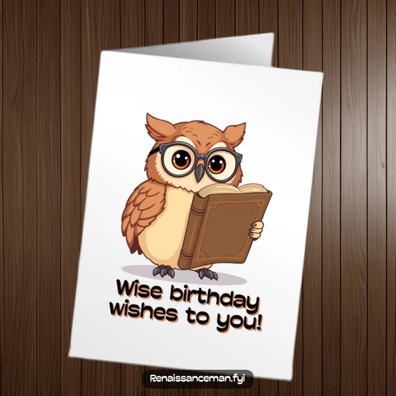 Funny free printable birthday card featuring a curious owl wearing spectacles and reading a giant ancient book, a downloadable gem.