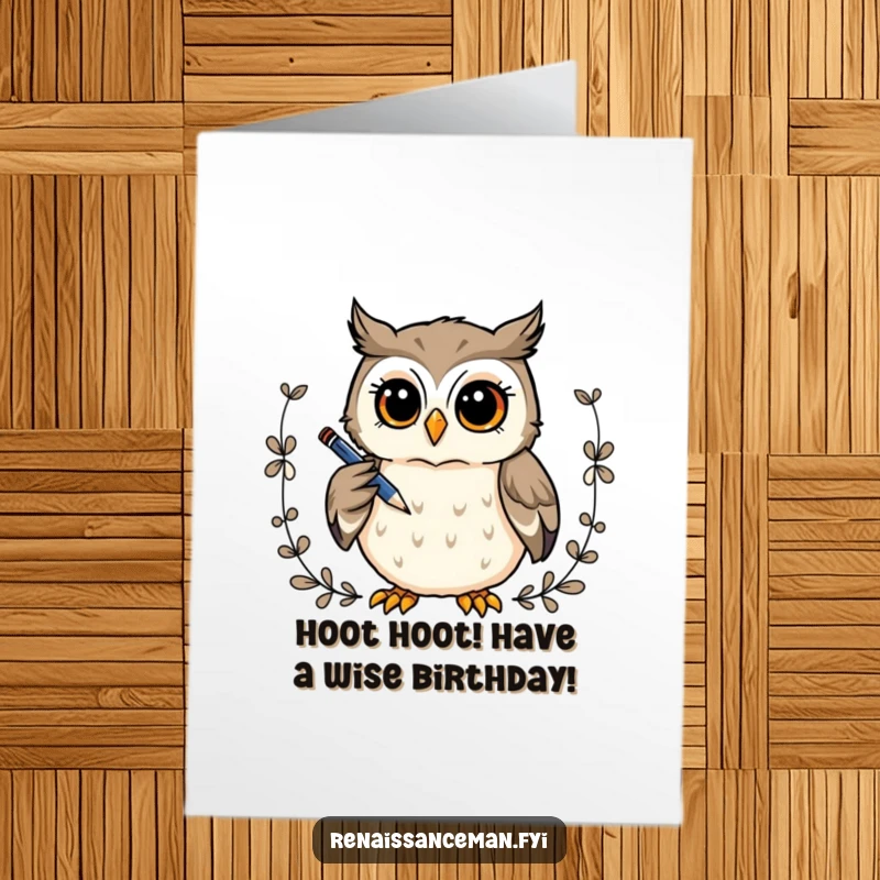 Funny Free Printable owl holding a pen, thoughtfully drawing a border for a birthday card, looking intelligent and whimsical, great gift.