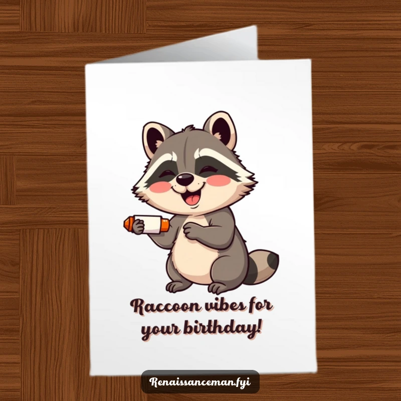 Funny Free Printable raccoon giggling while using a glue stick for a birthday card, radiating pure happiness, great DIY gift.