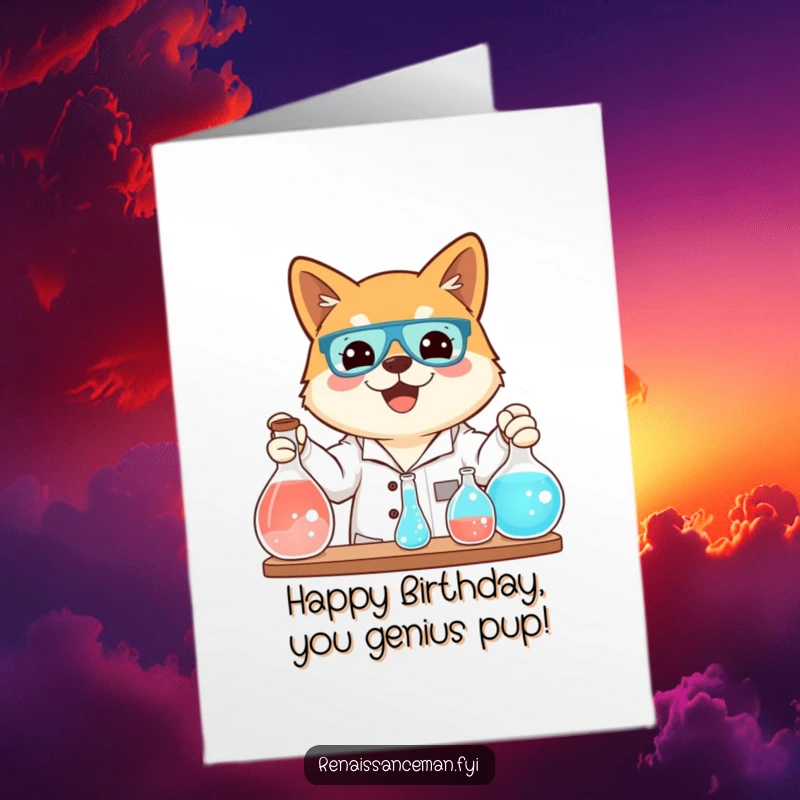 Funny Free Printable Birthday Card: Beaming Shiba Inu gleefully demonstrates a bubbling science experiment with flasks, celebrating.