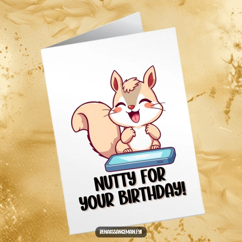 Funny free printable birthday card, delighted squirrel excitedly tapping a glowing phone screen, energetic tech humor.