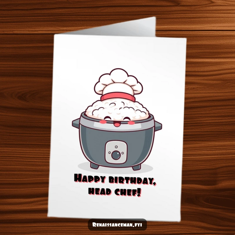 Funny Free Printable Birthday Card: A delighted rice cooker wearing a tiny chef hat beams brightly, celebrating.