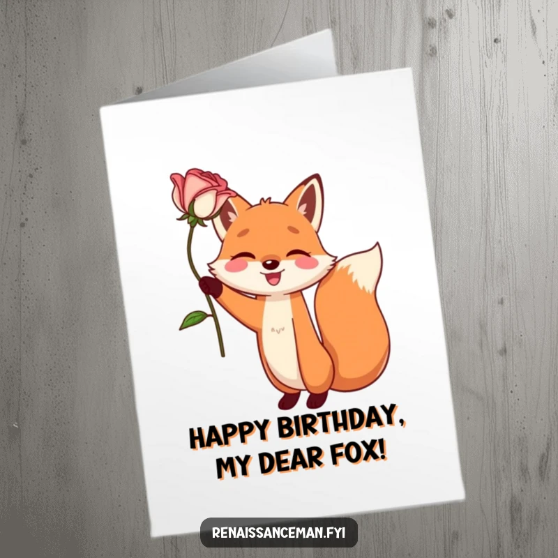 Funny free printable birthday card showing a happy fox dramatically holding a single, perfect rose aloft with a grand, loving gesture.