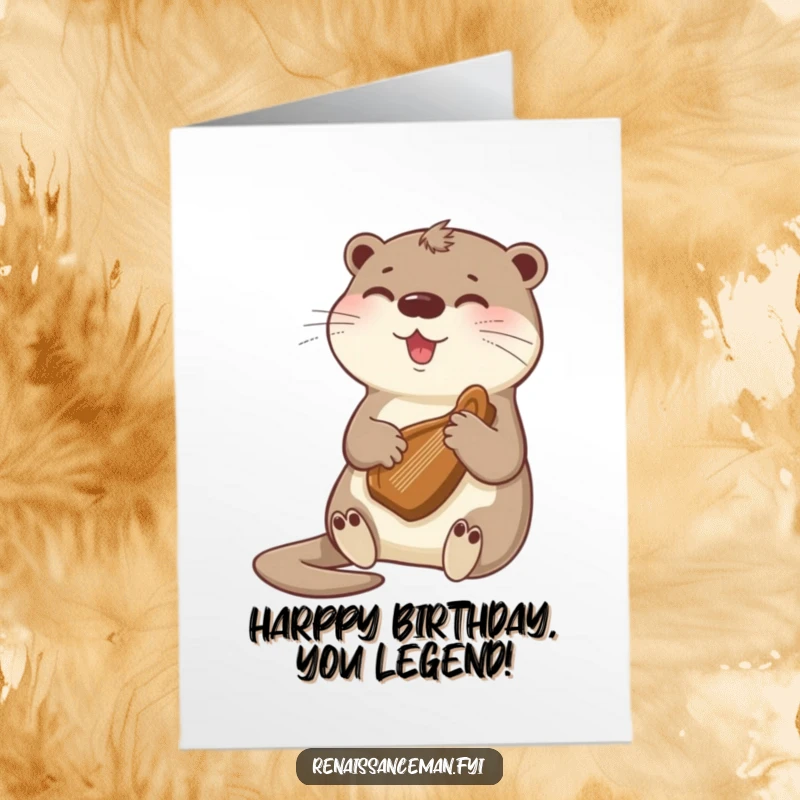 Funny Free Printable Birthday Card with a beaming otter playing a tiny harp, creating a cheerful melody.