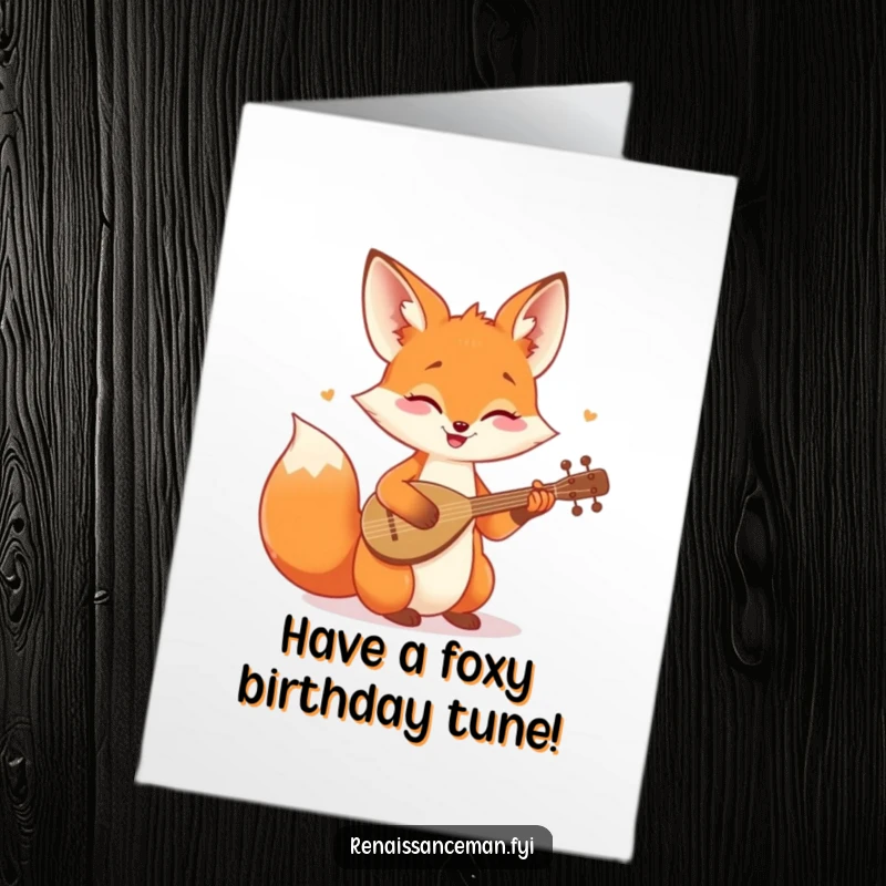 Funny Free Printable Birthday Card: Cheerful fox joyfully playing a happy tune on a tiny lute.