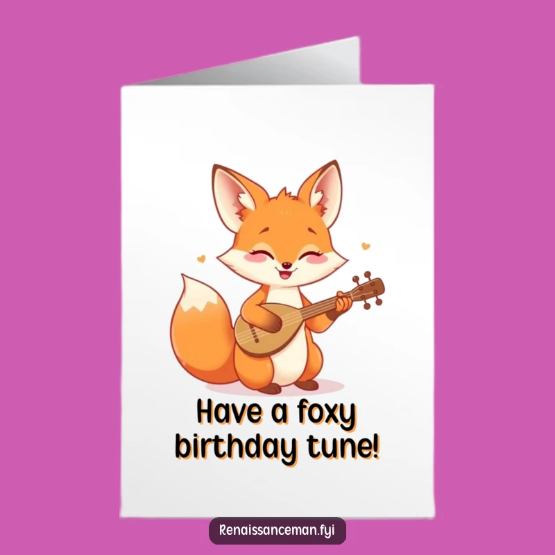 Free Printable Funny Fox Card: Cheerful Lute Player for a Musical Birthday Celebration