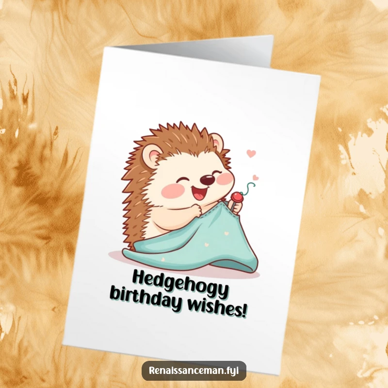 Funny free printable birthday card featuring a joyful hedgehog delicately pinning a pattern onto fabric with precision.