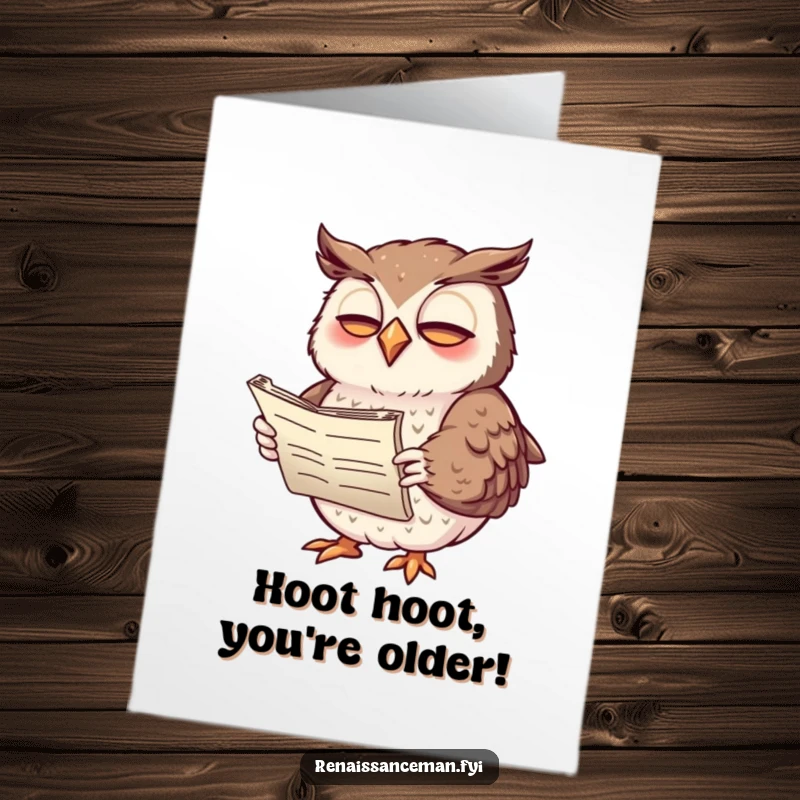 Funny Free Printable Birthday Card: Giggling owl with expressive wings recites poetry from a scroll, spreading birthday cheer.