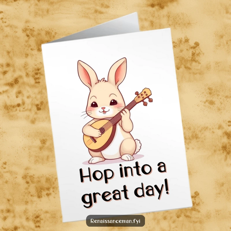 Funny Free Printable Birthday Card: A skilled rabbit plays a lute with a very focused expression.