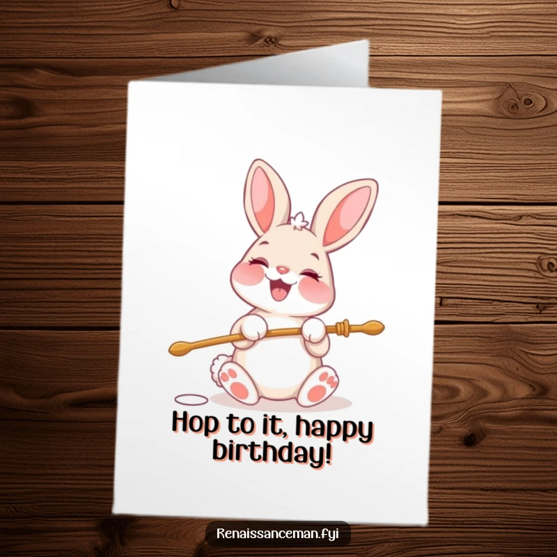 Funny Free Printable Birthday Card: Cheerful bunny beaming while threading a needle, spreading birthday cheer.