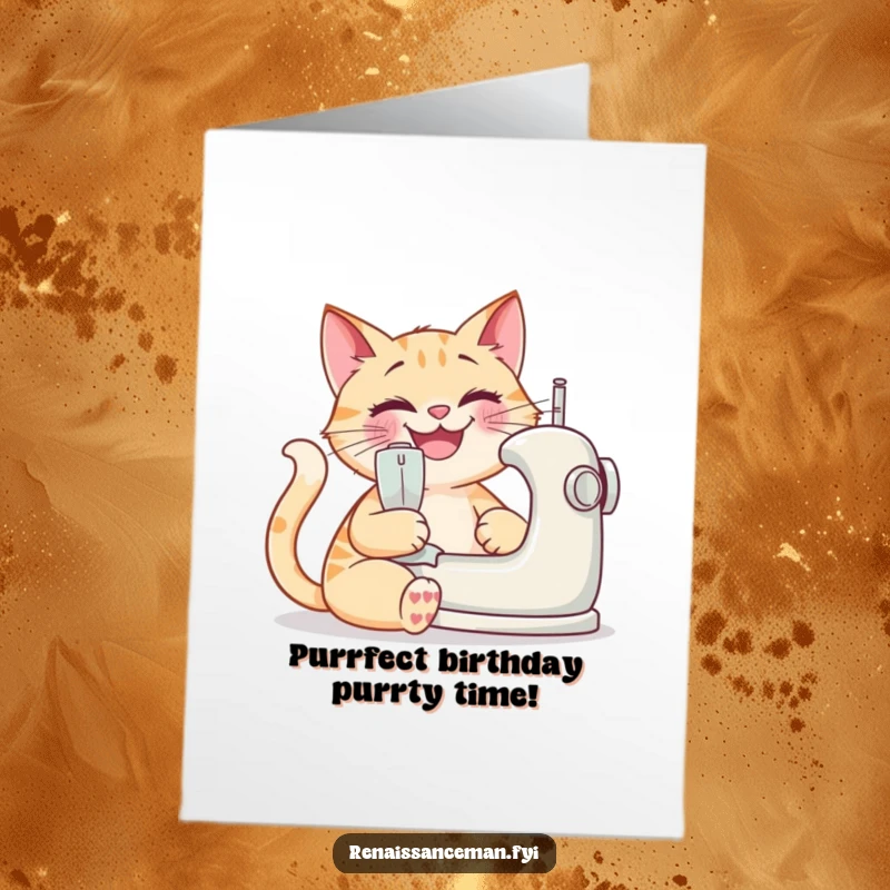Funny Free Printable Birthday Card: Happy cat grinning while sewing, perfect for crafty birthday wishes.