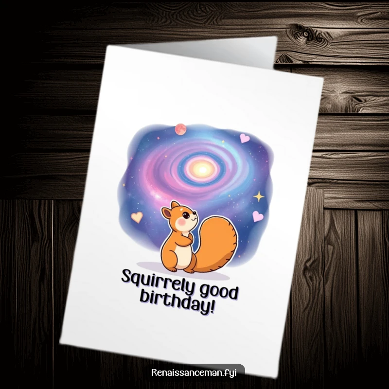 Funny free printable birthday card featuring a cheerful squirrel gazing dreamily at a vast, swirling galaxy, lost in cosmic wonder.