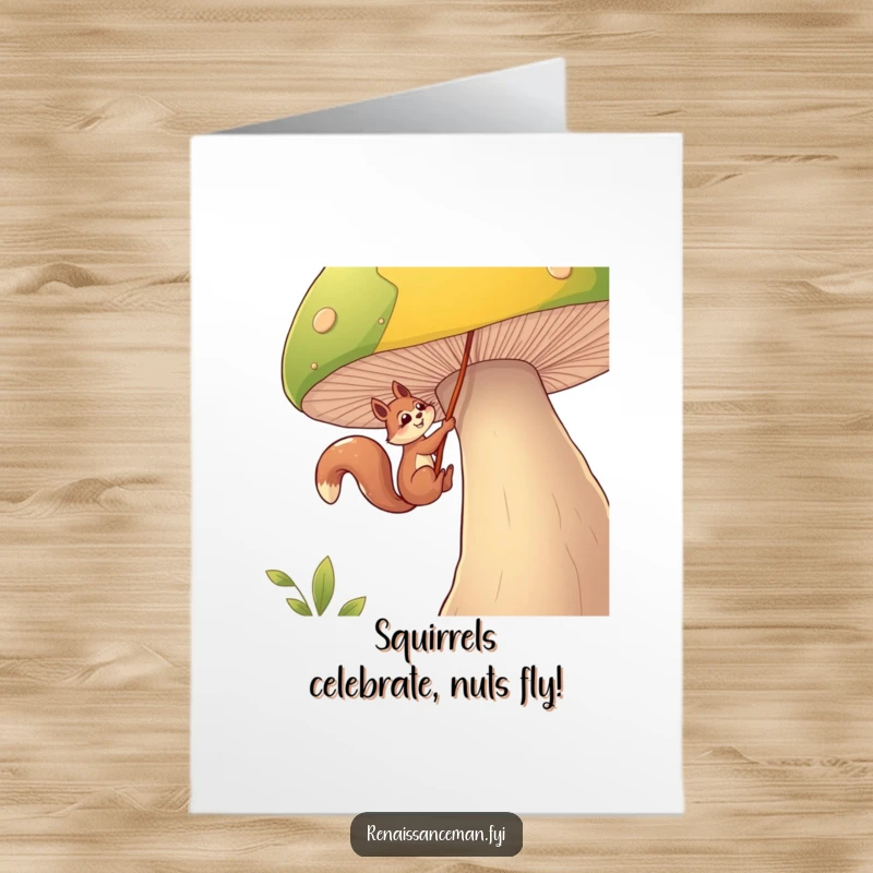 Funny free printable birthday card featuring a determined squirrel rappelling down a mushroom with a rope.