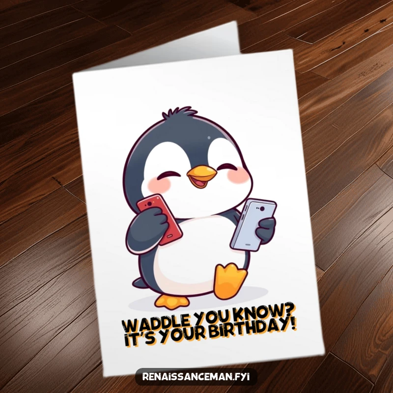 Funny free printable birthday card, giggling penguin making a silly face while holding a smartphone, humorous animal tech greeting.