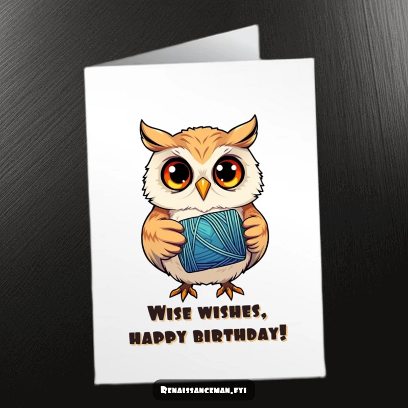 Funny free printable birthday card: a curious owl focuses intently on a spool of vibrant thread.