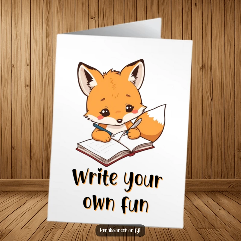 Funny Free Printable Birthday Card: A creative fox diligently uses a quill to write ideas in a notebook.