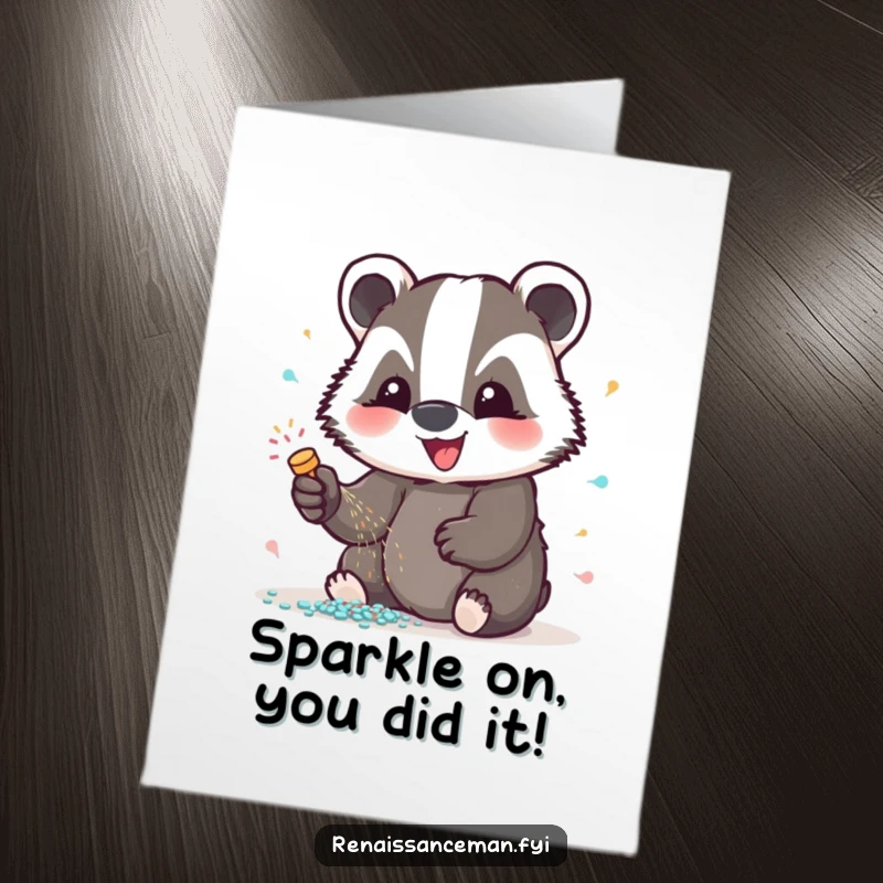Funny Free Printable Congratulations Card: Excited badger enthusiastically adding glitter, celebrating achievements with sparkle, downloadable art.