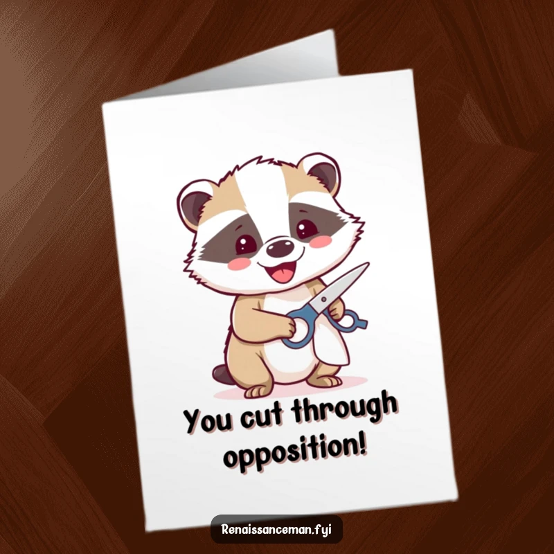 Funny free printable congratulations card: a happy badger uses scissors to cut the ribbon of success.