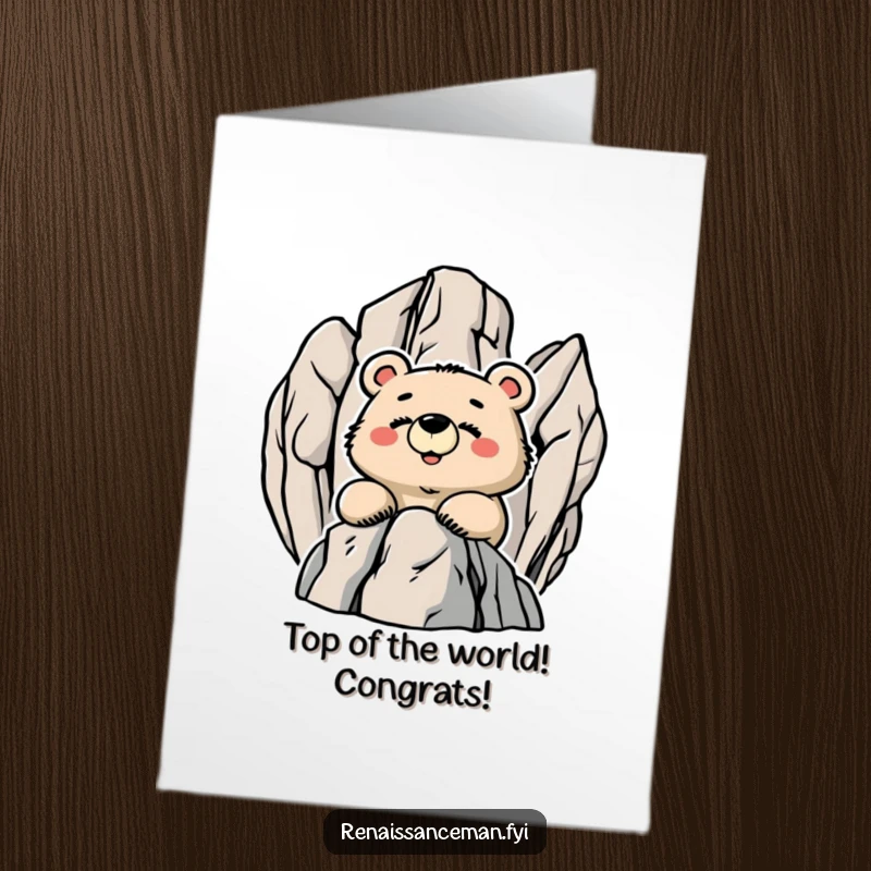 Funny Free Printable Congrats Card: Joyful bear looking down from a mountain peak, celebrating a major accomplishment.