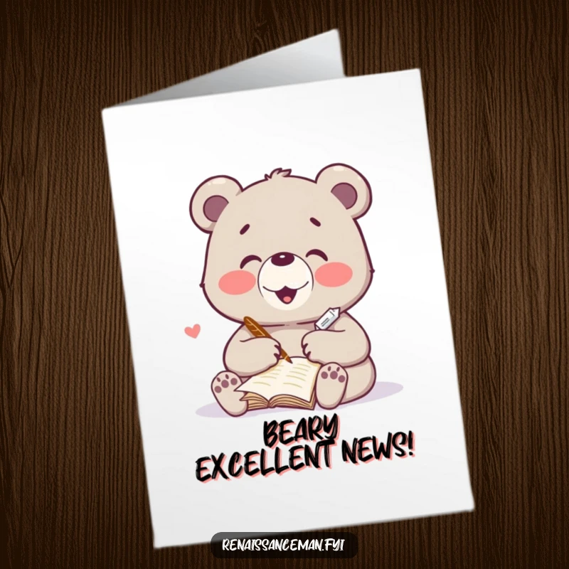 Funny free printable congratulations card showing a delighted bear writing a heartfelt poem with a quill, celebrating achievements artistically.
