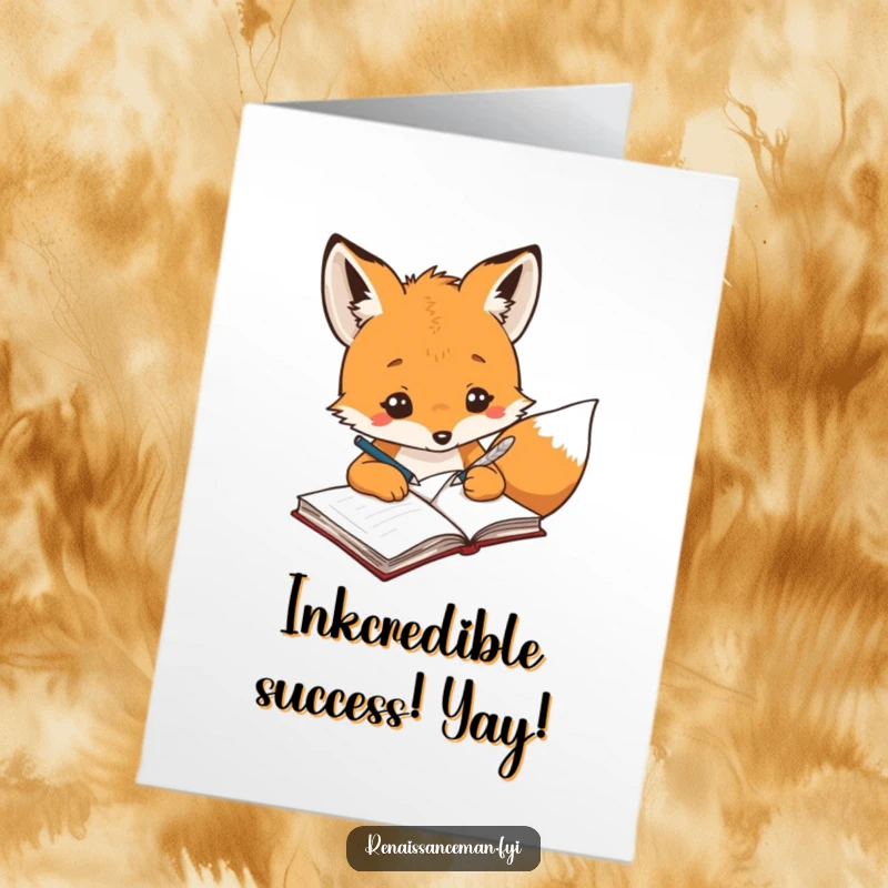 Funny Free Printable Congratulations Card: A creative fox is focused on writing innovative ideas in a notebook with a quill.