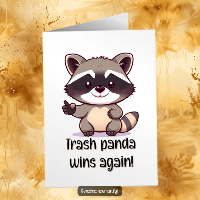 Funny Free Printable Congratulations Card: Determined raccoon with a grin taking a selfie to celebrate.