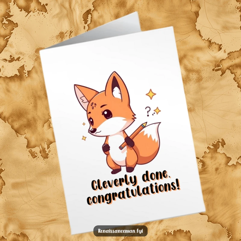 Funny Free Printable Congratulations Card: Determined fox sketching a new idea with a confident pencil stroke, celebrating innovation, downloadable art.
