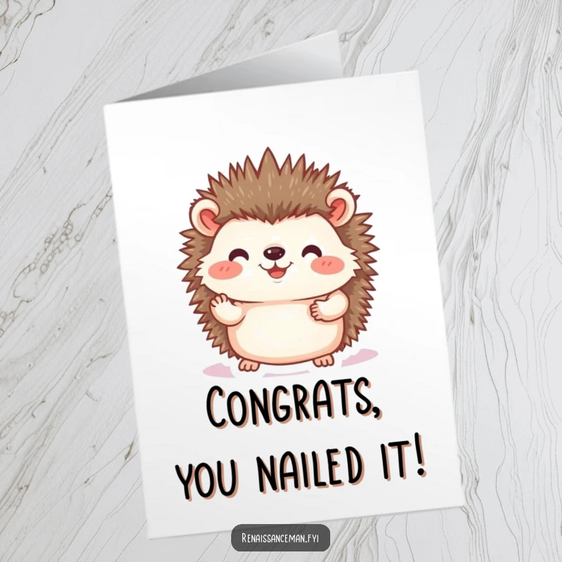 Funny Free Printable Congratulations Card: Joyful hedgehog gently places a photographic print, celebrating milestones with care, downloadable art.