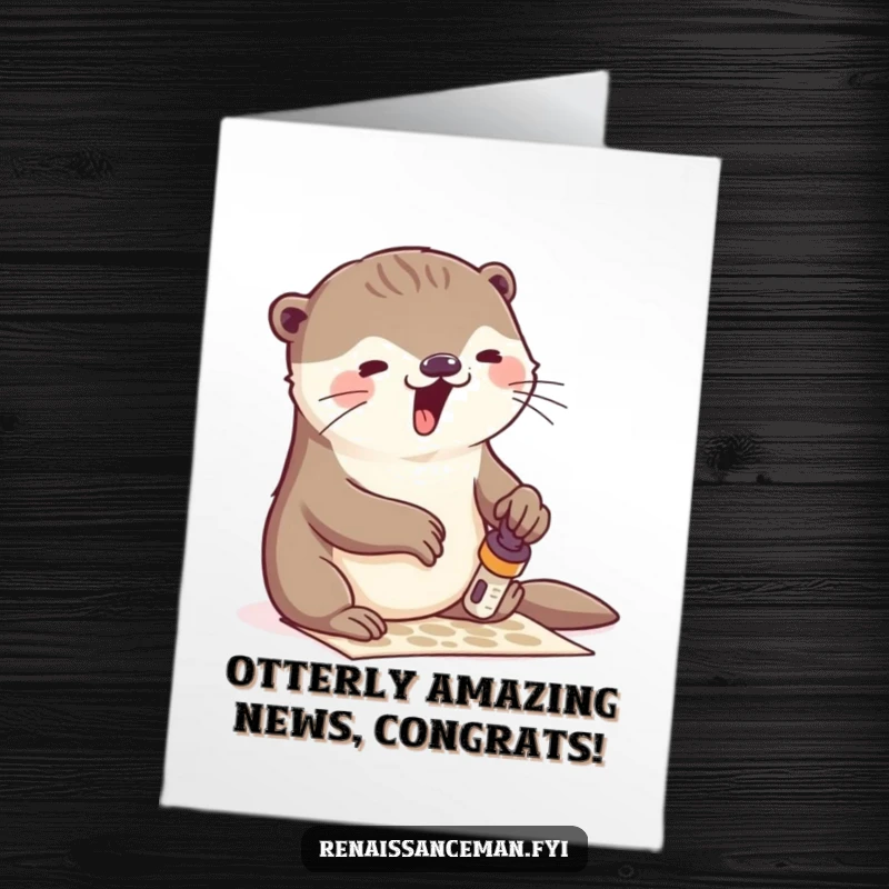 Funny Free Printable Congratulations Card: Enthusiastic otter stamping a festive pattern, perfect for any celebration, downloadable art.