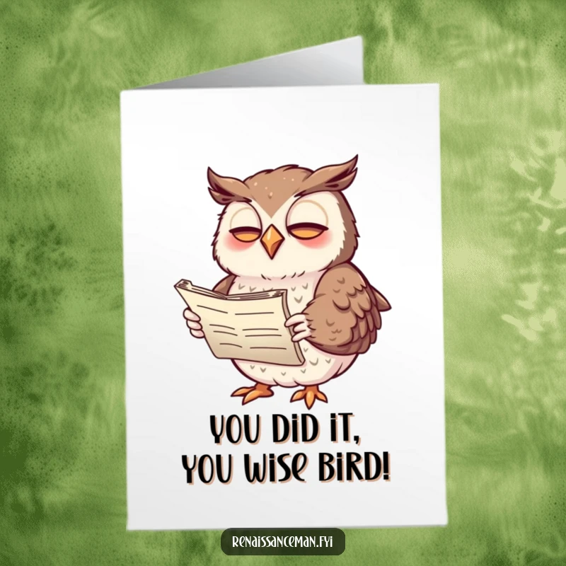 Funny Free Printable Congratulations Card: Giggling owl poetically shares good news from a scroll, wings gesturing with joy.